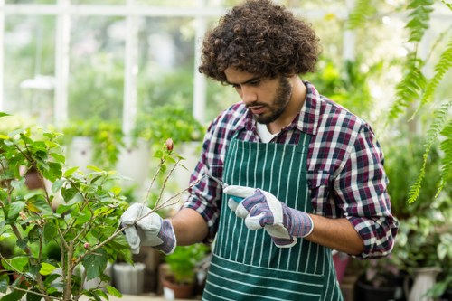 Gardener trimming a hedge at edge of property